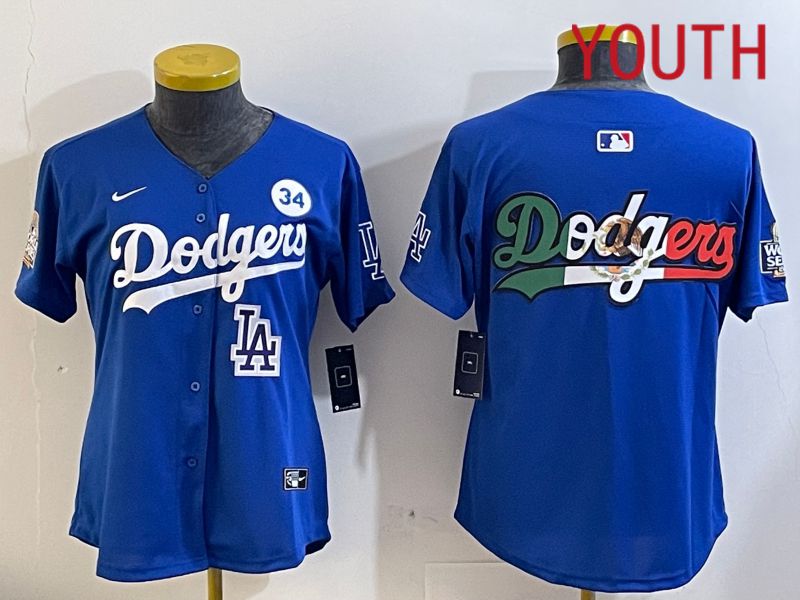 Youth  Los Angeles Dodgers blank 2024 World series patch blue jersey 202411286->youth mlb jersey->Youth Jersey